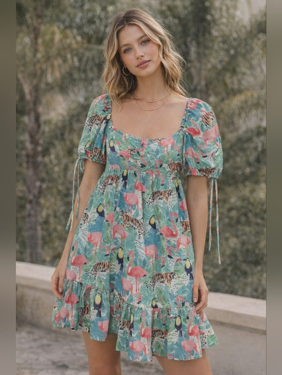 Sincerly Jules Dresses & Skirts - Boutique Puff Sleeve Pastel Tropical Print Babydoll Dress.  Swiss Dot. Lined